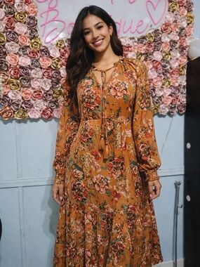 Umgee Mustard Floral Tie-Front Long Sleeve Maxi Dress
